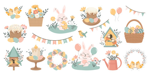 Cute Easter set. Spring collection of animals, birds, flowers and seasonal decorations. Design for greeting cards, posters, scrapbooking, stickers. Illustration in flat style.