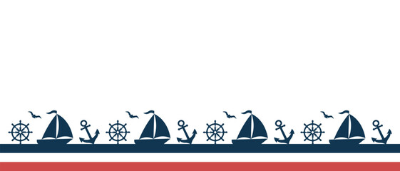 Marine background with sailboat, steering wheel, anchor and seagulls. Seamless border. Flat style illustration. © Tatiana