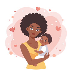 Beautiful black mother and child. Loving mother holding her adorable baby in her arms. Happy family illustration.