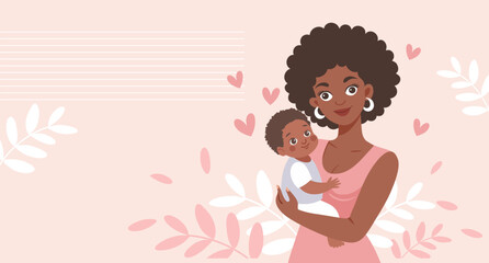 Beautiful black mother and child on pink floral background. Happy mother holding her son in her arms. Mother's day card. Flat style illustration.