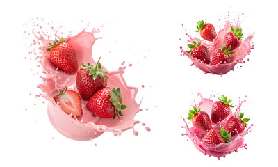 Strawberry splashes set isolated, a set of strawberry splash collections isolated on a white background