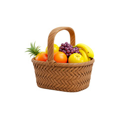 Wicker picnic basket with fruits isolated on transparent background. Picnic basket with fruits png