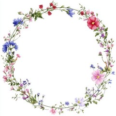 Obraz premium Watercolor illustration of a wreath border frame featuring summer herbs and meadow flowers on a white isolated background