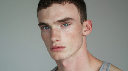 Fototapeta premium A man with a beard and blue eyes is wearing a gray tank top