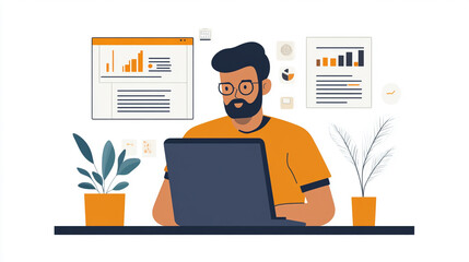 Working on a laptop in a modern office setting