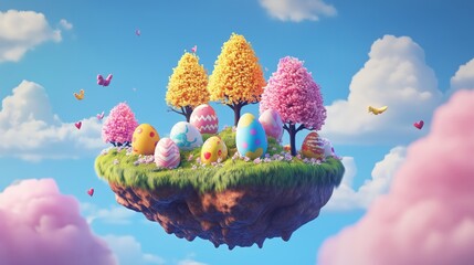 Floating island covered in 3D cartoon Easter eggs and candy trees