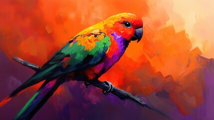 Fototapeta premium Colorful Parrot on Branch with Vibrant Abstract Background