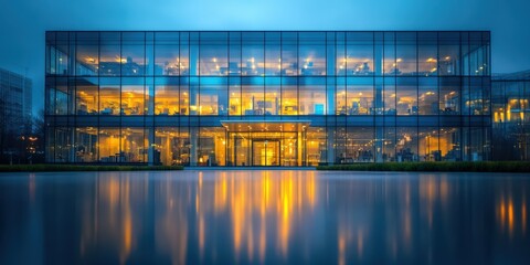 Modern glass building illuminated at dusk by city lights reflecting in serene water