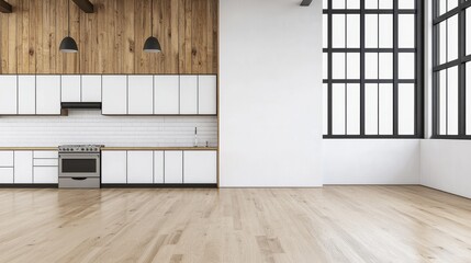Fototapeta premium Modern Minimalist Kitchen Interior with Large Windows and Wood Accents