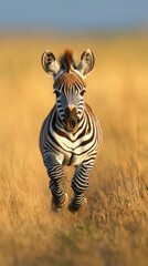 Obraz premium Young zebra runs across golden grassland during a bright day in natural habitat