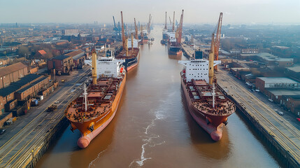 Cargo ships docked in river port