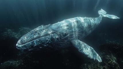 Fototapeta premium Underwater humpback whale swimming near rocks.