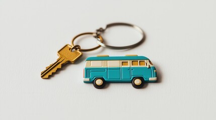 Vintage Style Keychain with Classic Blue Camper Van Design