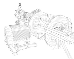 A drawing of a machine with a black and white color scheme. The machine is a large piece of equipment with a lot of parts. The drawing is of a machine that is used for lifting and moving heavy objects