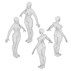Four women are shown in a black and white wireframe. Isometric view