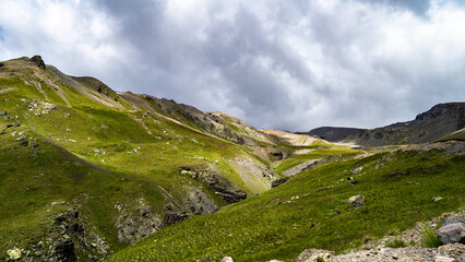 rocky mountain peaks in the clouds. cloud cover in the mountains