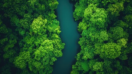 Naklejka premium Lush green forest aerial view with serene river cutting through dense trees