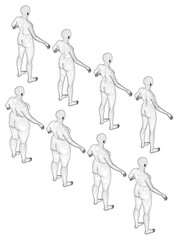 A series of black and white drawings of female in same poses. The drawings are all of the same person, but in different positions. From slim to fat