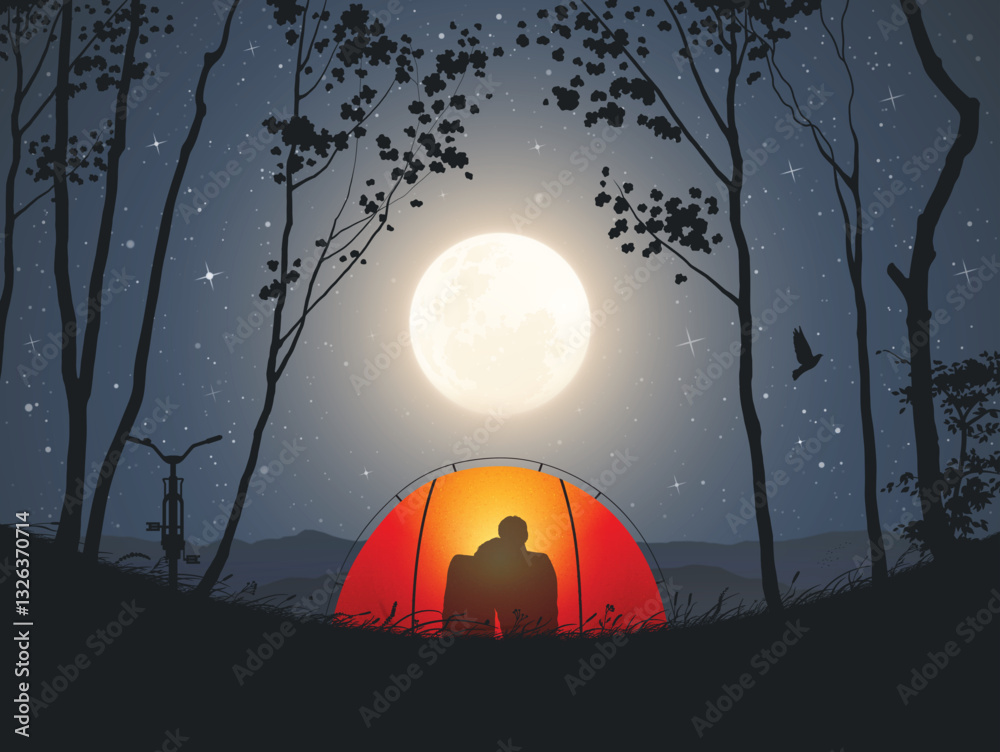 Sticker couple sit in orange tent. camping in mountains. moonlight night, full moon