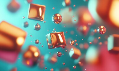 Metallic cubes and spheres floating on a vibrant teal and orange background
