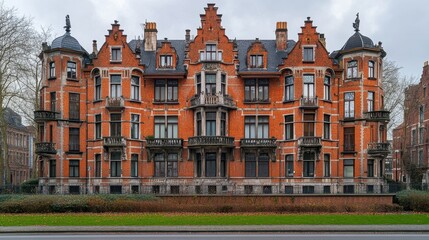 Obraz premium Majestic red brick mansion with intricate gothic architecture and turrets