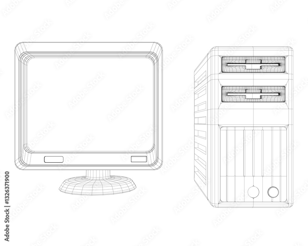 Poster a computer monitor and a computer tower are shown in a black and white drawing. the monitor is on a 