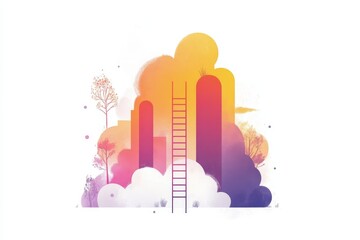 Obraz premium Dreamy Landscape with Ladder in Colorful Cloudy Sky Illustration
