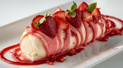 Side view of a strawberry semifreddo, with strawberry swirls and topped with fresh strawberries