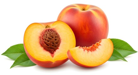peaches with leaves isolated isolated on white background