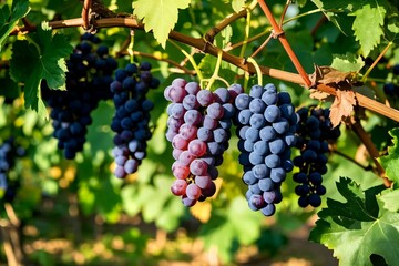 Fototapeta premium Grapes vineyard fruit harvest organic farming natural red purple blue grapevines juicy delicious sweet healthy food wine making agriculture Uvas viñedo fruta cosecha agricultura ecológica rojo púrpura