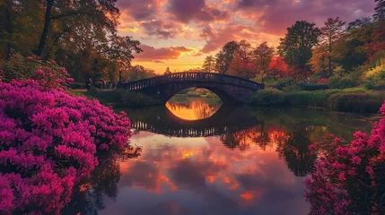a bridge over a valley with trees and a sunset