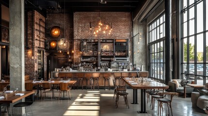 Modern industrial restaurant interior with exposed brick, rustic decor, and large windows