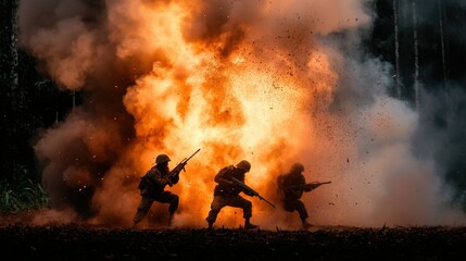 In a striking display, soldiers maneuver through a chaotic scene with flames and smoke, depicting the perilous environments of conflict and the visceral feelings it ignites.