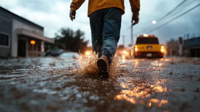 A lone figure walks through flooded city streets, splashing water as cars struggle by in the background, illustrating the impact of heavy rainfall and urban challenges faced by communities.