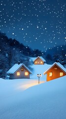Fototapeta premium A mesmerizing view of a snowy village illuminated by warm lights during a winter night