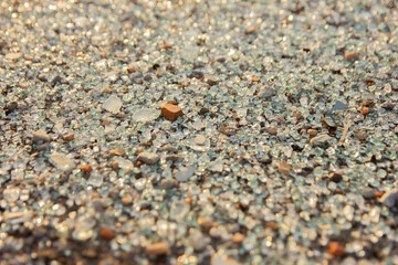 Broken glass. Construction waste. Construction site consequences. Glass chips