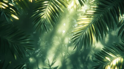 Tropical palm leaf shadows on sunlit forest floor