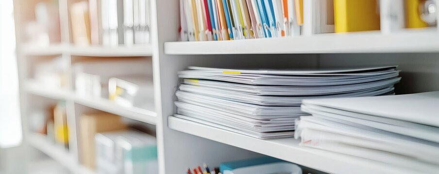 A white shelving unit filled with various organizational items