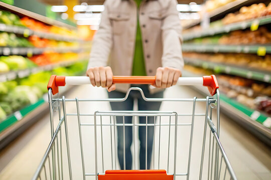 Person pushing shopping cart in grocery store aisle, supermarket with blurred background. Consumerism, retail shopping, food market concept.