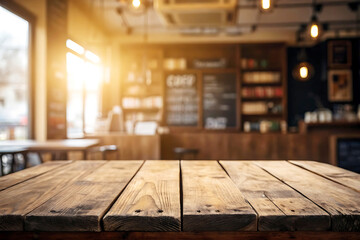 Rustic wooden table in cozy cafe with blurred coffee shop background. Warm atmosphere, empty tabletop for product placement, hospitality.