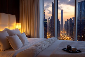 Luxurious bed with crisp white linens and plush pillows in a high-rise bedroom overlooking a breathtaking city skyline.