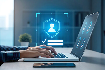 Woman using laptop with digital security authentication interface, cybersecurity login access, data privacy, password protection concept.