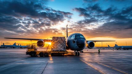 Military cargo plane unloading heavy equipment at an airbase.