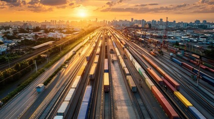 Modern logistics center with containers stacked near rail and road connections.