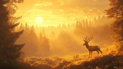 Majestic deer in golden forest at sunrise with misty atmosphere and flock of birds