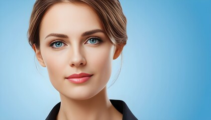 Naklejka premium Portrait réaliste d'une belle femme d'affaires sur fond bleu, élégance et professionnalisme.