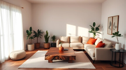 A contemporary living room with neutral colors, large beige sofa, indoor plants, and reclaimed wood coffee table. Minimalist aesthetic, soft natural lighting, diffused shadows, subtle illumination