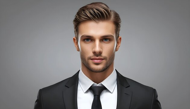 Portrait r&eacute;aliste d'un bel homme d'affaires sur fond gris neutre, &eacute;l&eacute;gance et professionnalisme.