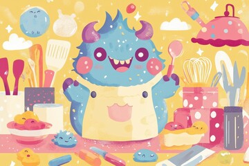 A friendly cartoon monster baking and using kitchen utensils with joy