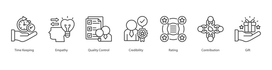 Needs Analysis icon sheet style line time keeping, empathy, quality control, credibility, rating, contribution, gift